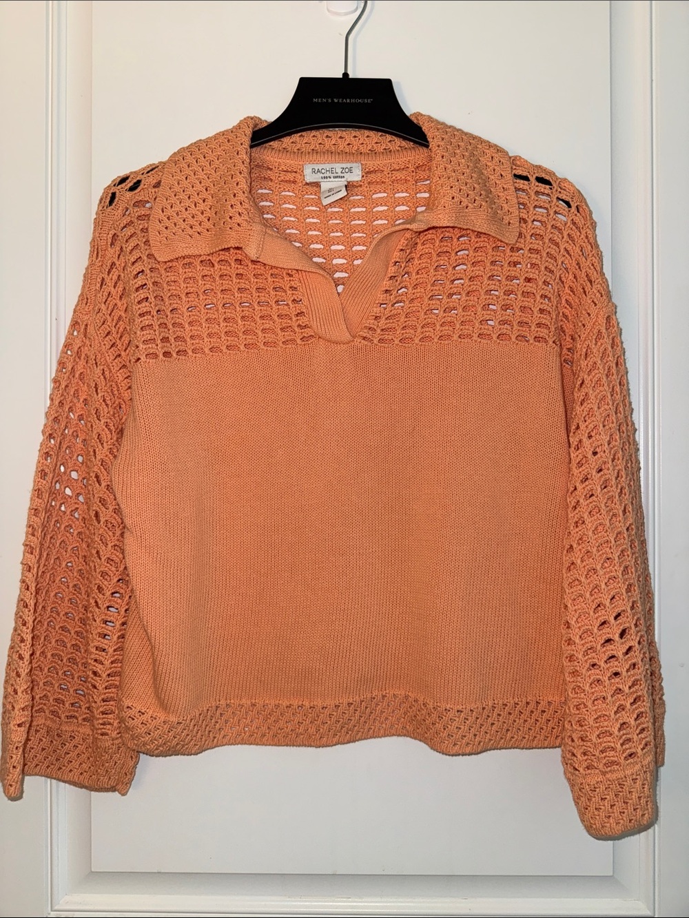 Rachel Zoe open knot crochet collared polo sweater size large coral orange
